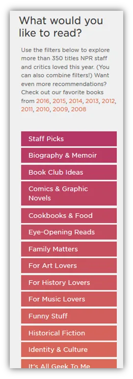 NPR Book Concierge's funky filters