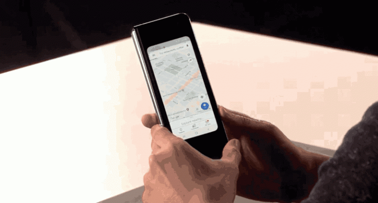 The Galaxy Fold being shown off on stage at the Samsung Unpacked event