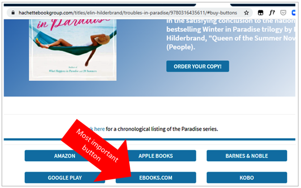 An example of a publisher (Hachette) who displays an eBooks.com button alongside buttons for Apple Books, B&N and other ebook vendors.
